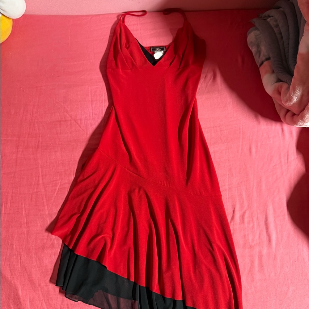 Chic Asymmetrical Red Dress with Black Detail
